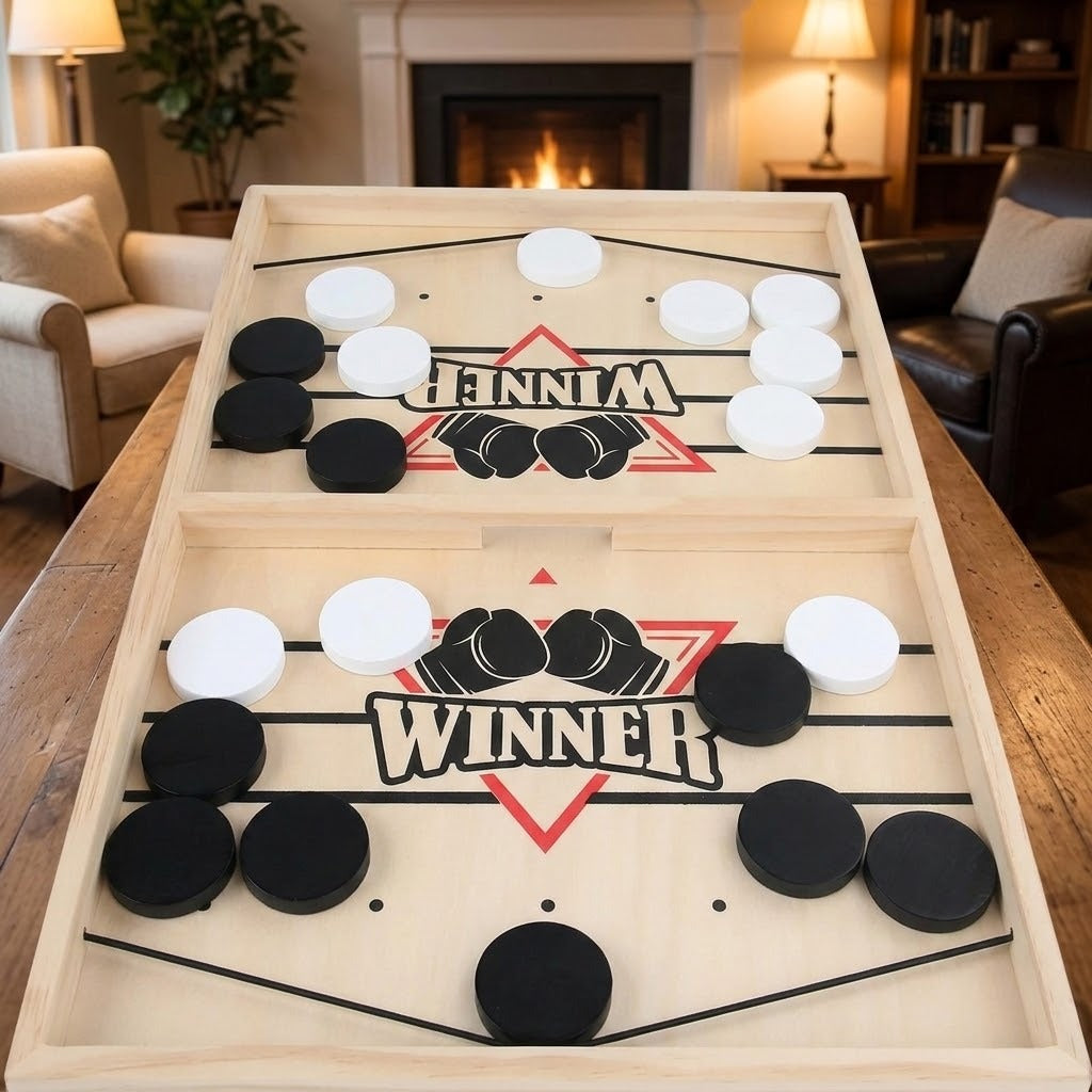Light wood sling puck game with black and white pucks on a wooden table in a living room with a fireplace.
