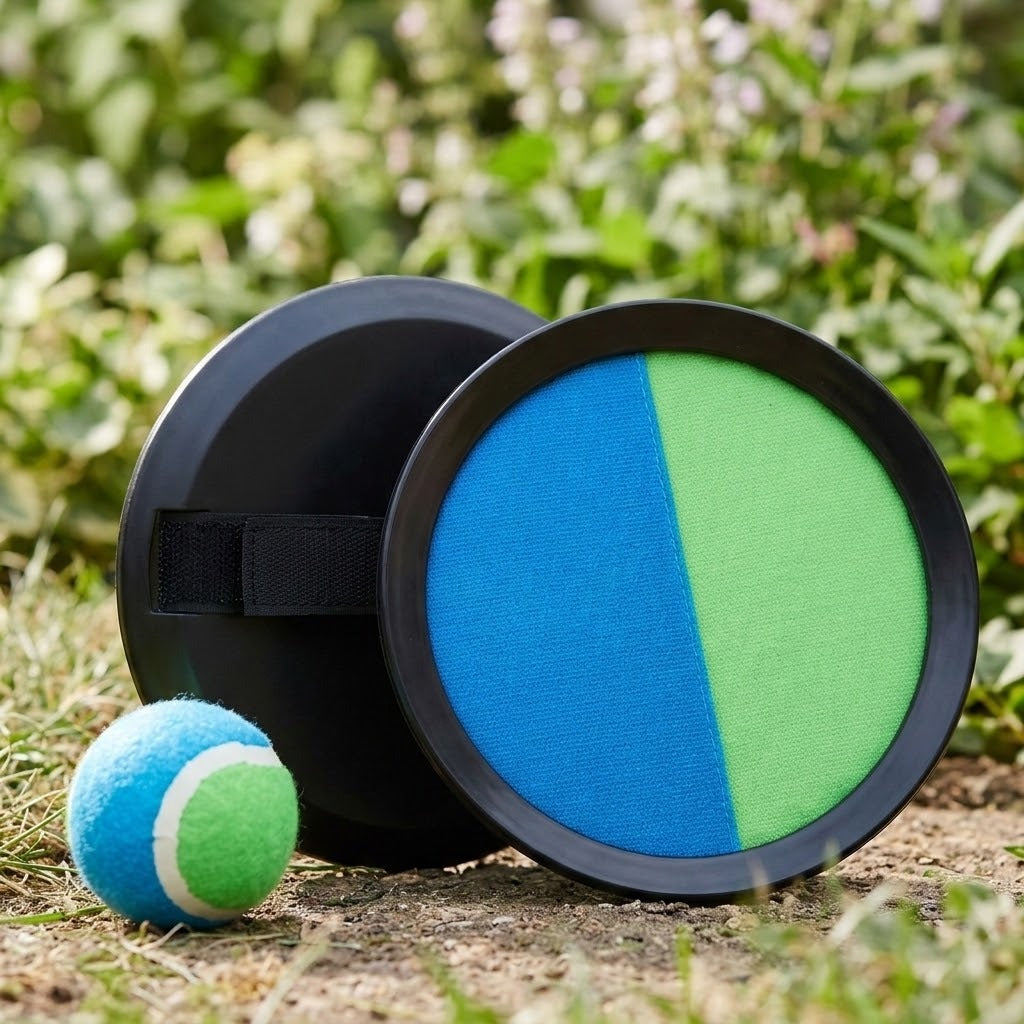 Catch game set with two black plastic discs, a blue-and-green catching face, rear hand strap, and matching ball on grassy ground.