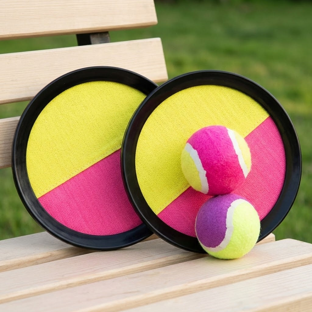 Catch game set with two pink-and-yellow discs with black rims and two multicolored balls on a wooden garden bench.