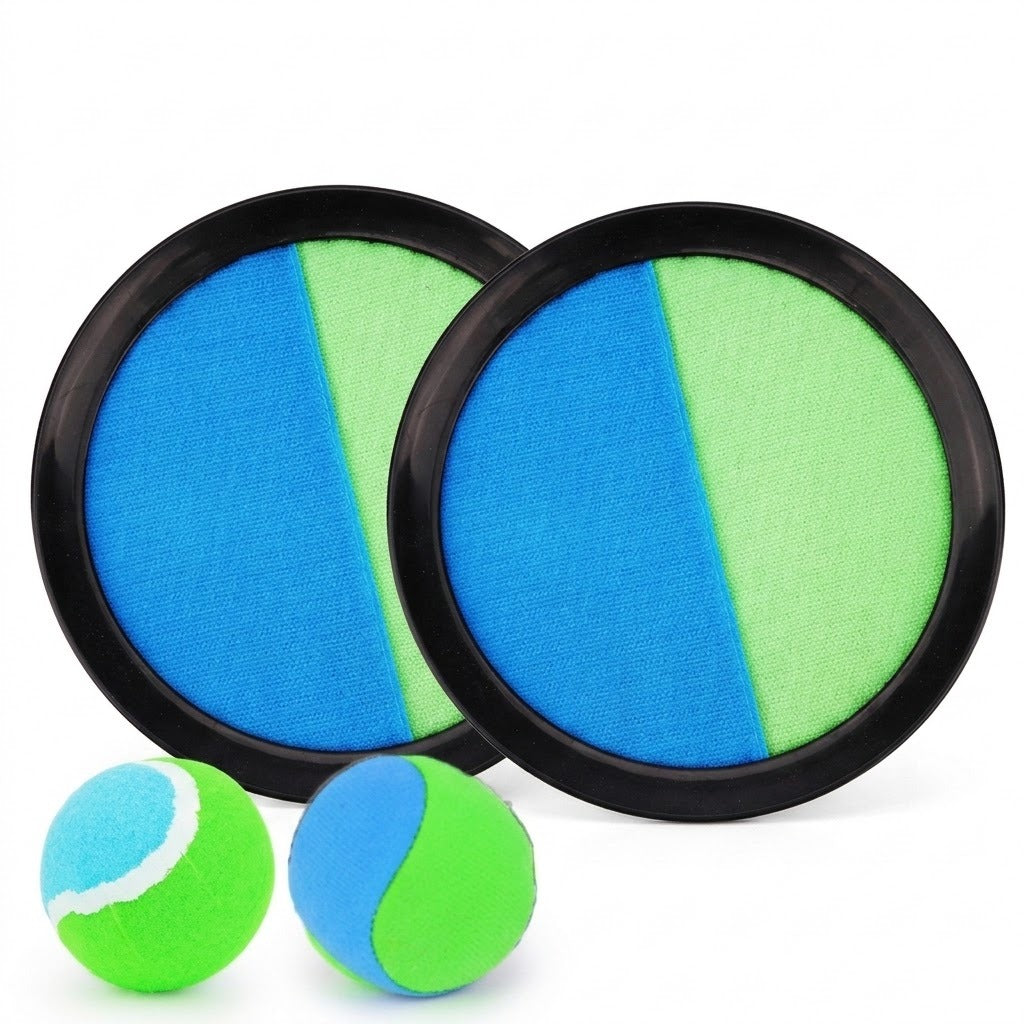 Catch game set with two blue-and-green discs with black plastic rims and two matching balls against a white background.