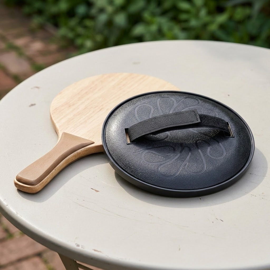 Catch game set detail shows a black plastic disc back with a hand strap beside wooden paddles on a white outdoor table.