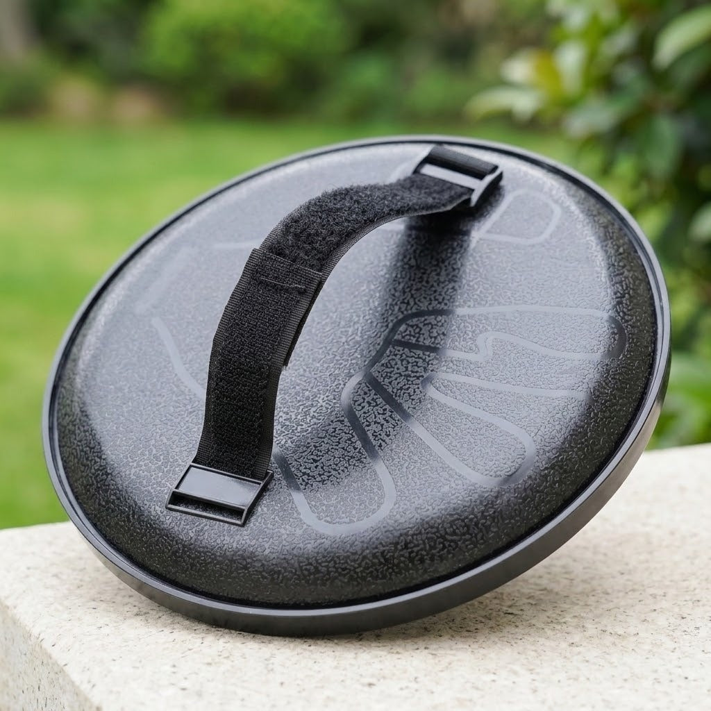 Catch game set disc showing its black plastic back and hook-and-loop hand strap on a stone surface against blurred greenery.