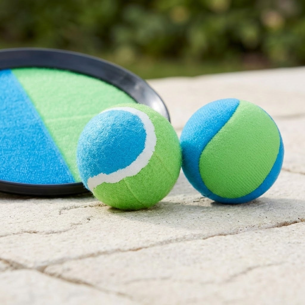 Catch game set close-up shows two blue and green balls beside a matching black-rimmed disc on pale outdoor paving.