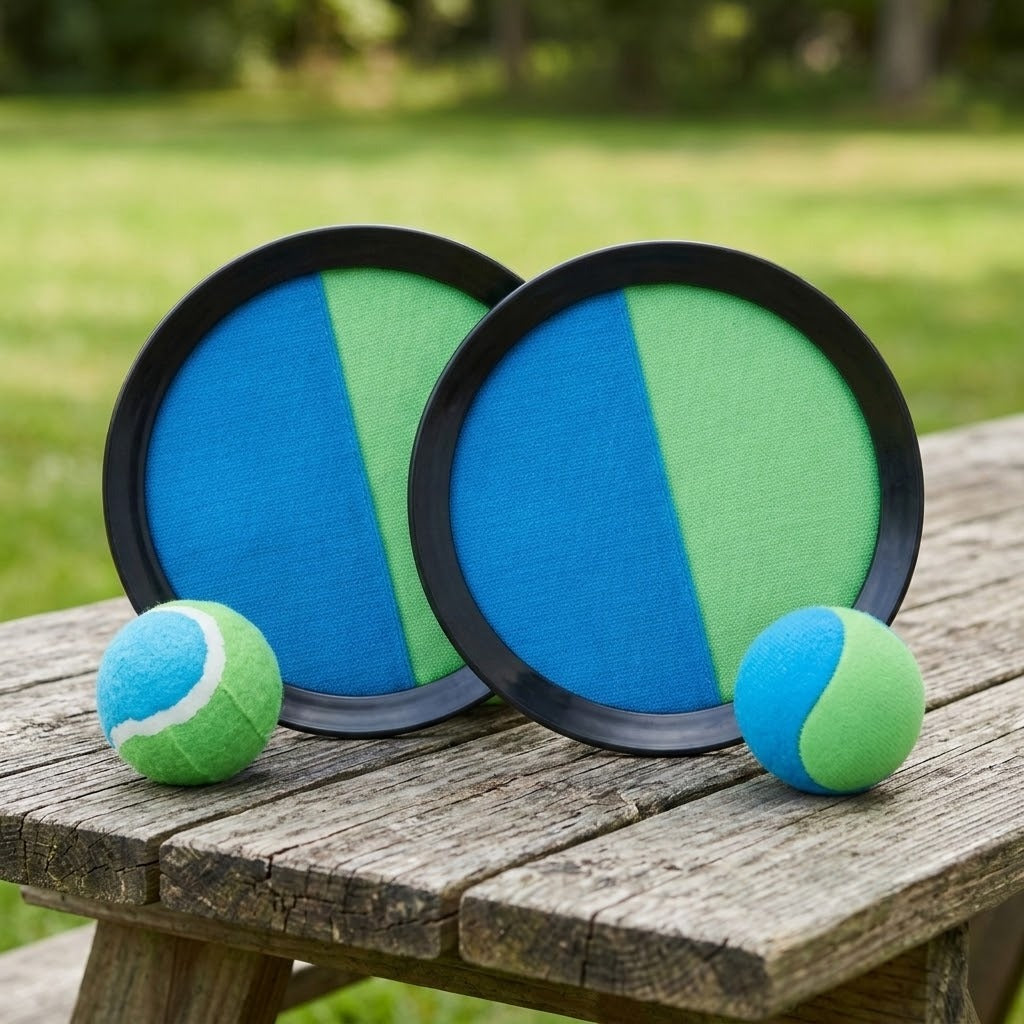 Blue and green catch game set with two black-rimmed discs and two balls sits on a weathered wooden table overlooking grass.