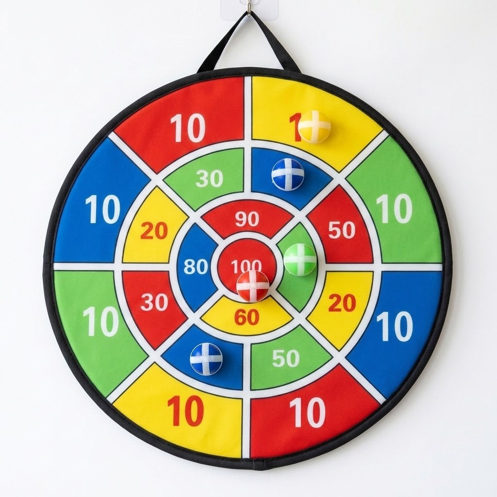 A colorful cloth dart board with numbered scoring sections hangs against a white wall with five sticky balls attached.