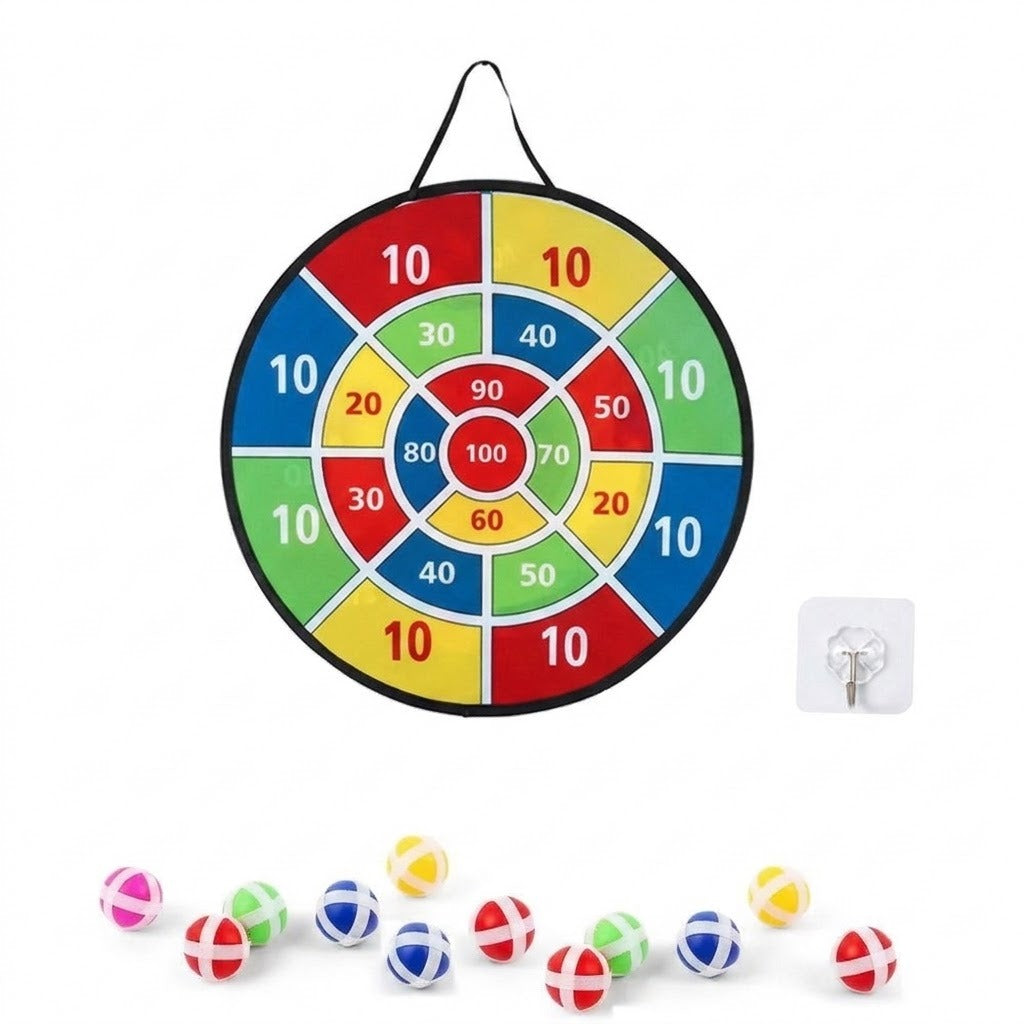 A colorful numbered dart board, twelve assorted sticky balls, and a hanging hook are arranged against a white background.