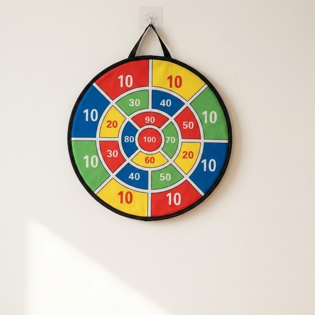 A cloth dart board with red, yellow, green and blue numbered sections hangs by a black loop on a plain white wall.