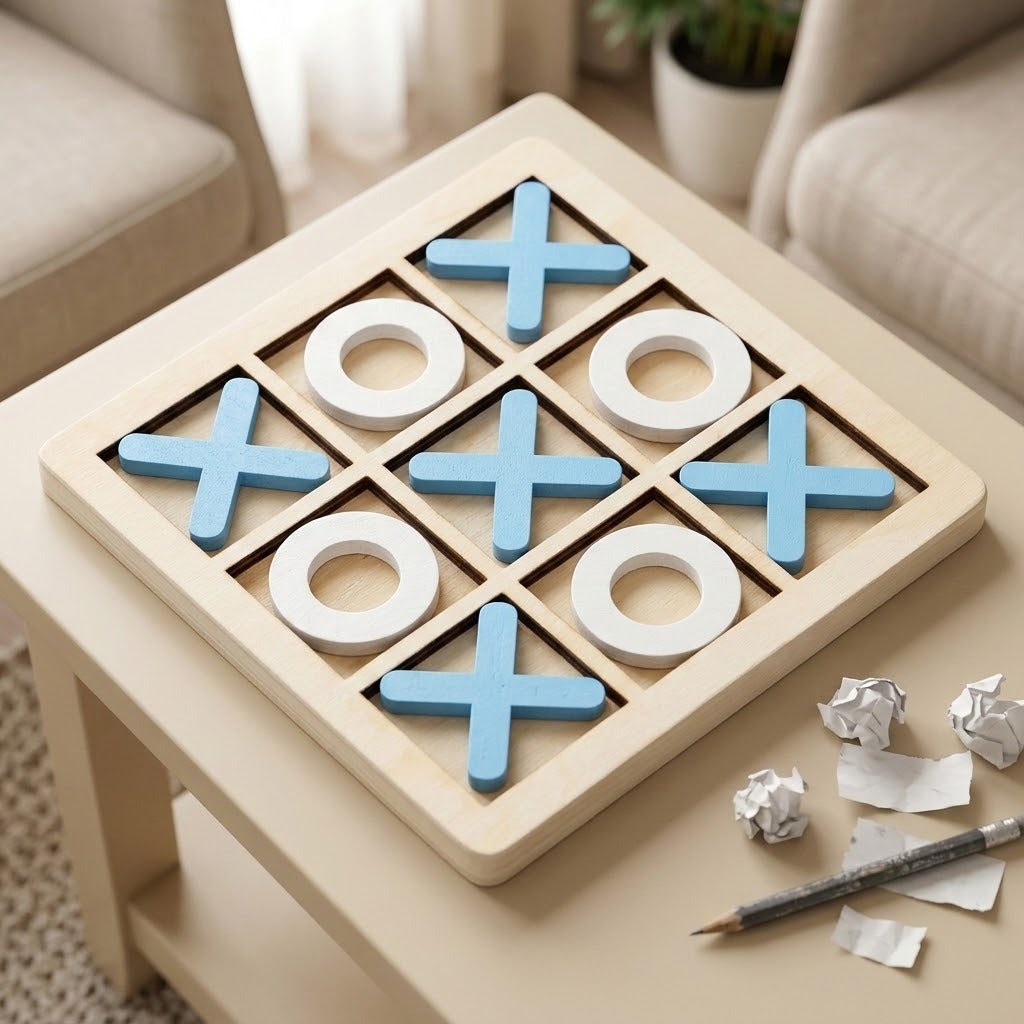 A wooden tic-tac-toe game board with blue X marks and white O rings, placed on a beige table in a living room setting with crumpled paper and a pencil nearby.
