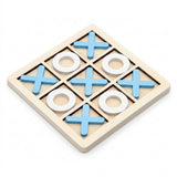 A wooden tic-tac-toe game board with a light natural wood frame and grid, featuring blue X shapes and white O shapes on a white background.