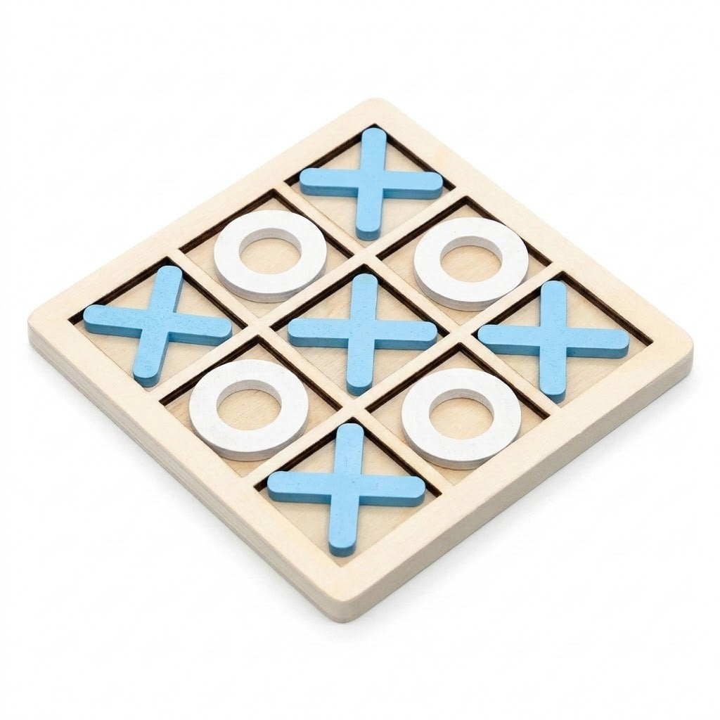 A wooden tic-tac-toe game board with a light natural wood frame and grid, featuring blue X shapes and white O shapes on a white background.