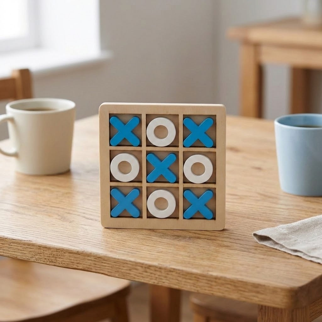 A wooden 3x3 tic-tac-toe game board with blue X marks and white O marks, standing on a light wood table in a real indoor setting with mugs in the background.