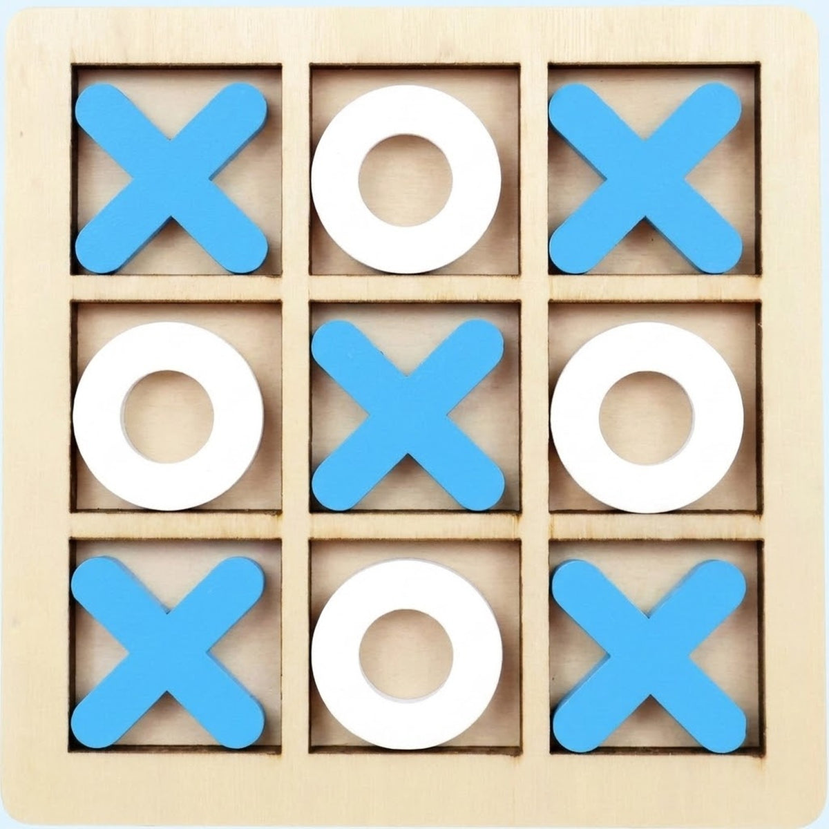 A wooden 3x3 tic-tac-toe game board with blue X shapes and white O shapes arranged on a light natural wood background.