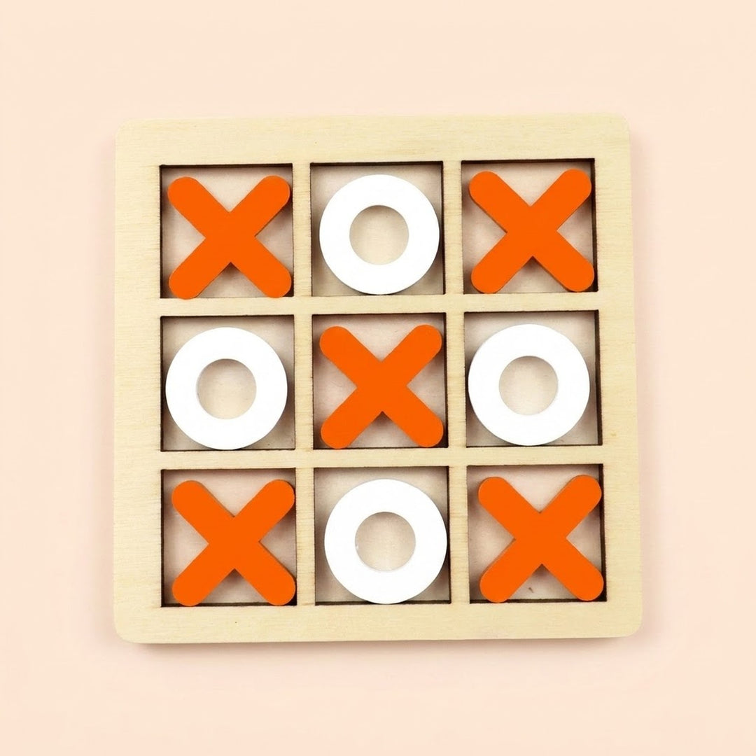 A wooden 3x3 tic-tac-toe game board with orange X shapes and white O shapes on a light beige background, set against a pale peach backdrop.