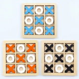 Three wooden 15-piece tic-tac-toe games shown on a light gray background, each with a natural wood frame and different colored pieces: blue and white in the top game, orange and white in the bottom left game, and black and white in the bottom right game.