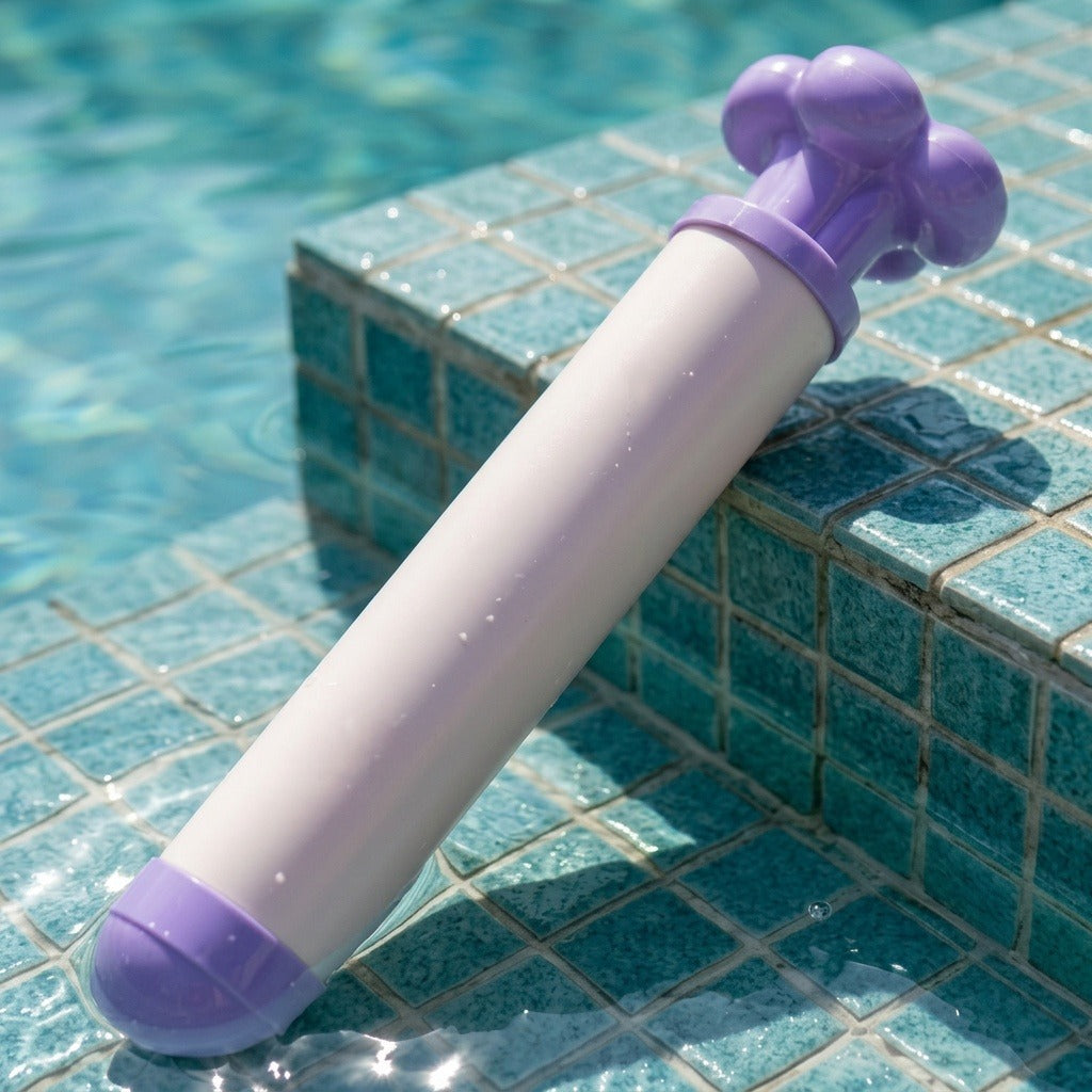 A purple and white water gun rests diagonally on wet turquoise tiles beside a swimming pool.