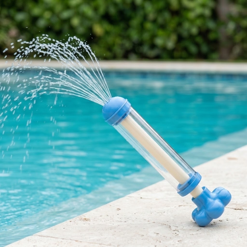 A blue water gun with a clear barrel sprays multiple water streams beside a swimming pool with greenery behind it.