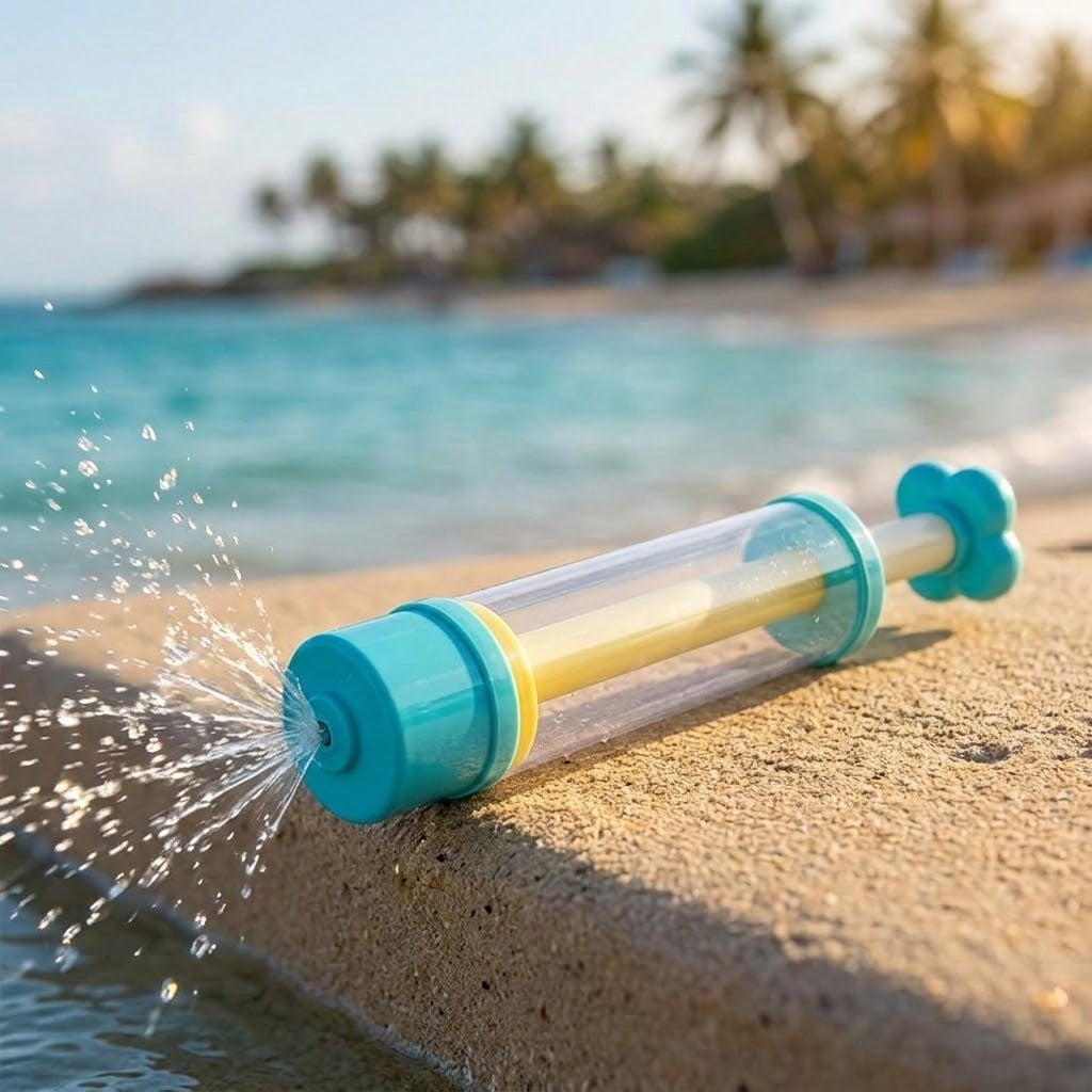 Turquoise water gun with a clear barrel and yellow inner shaft sprays water while resting on sand beside the sea.