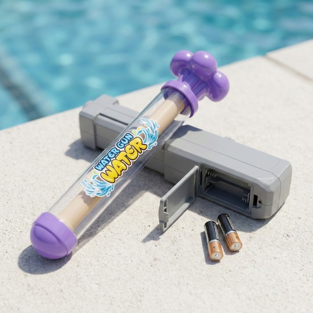 A toy water gun set with a clear tube, purple ends, and a gray battery case on a poolside surface. The tube label reads 'Water Gun Water,' and two batteries are placed beside the case.