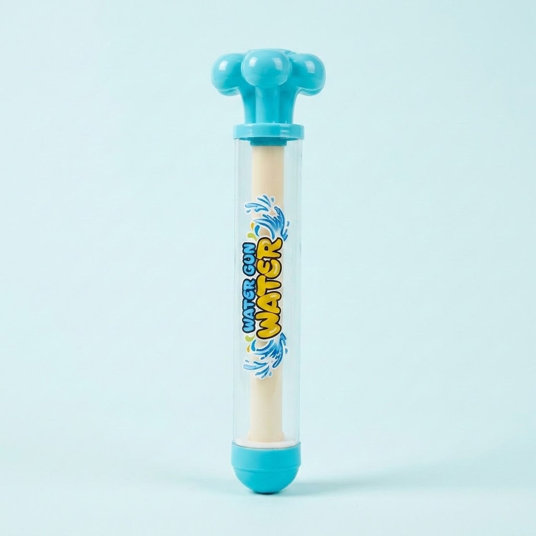 A clear plastic water gun toy with a light blue trigger top and base, featuring a beige grip in the center with 'Water Gun' printed in yellow and blue.