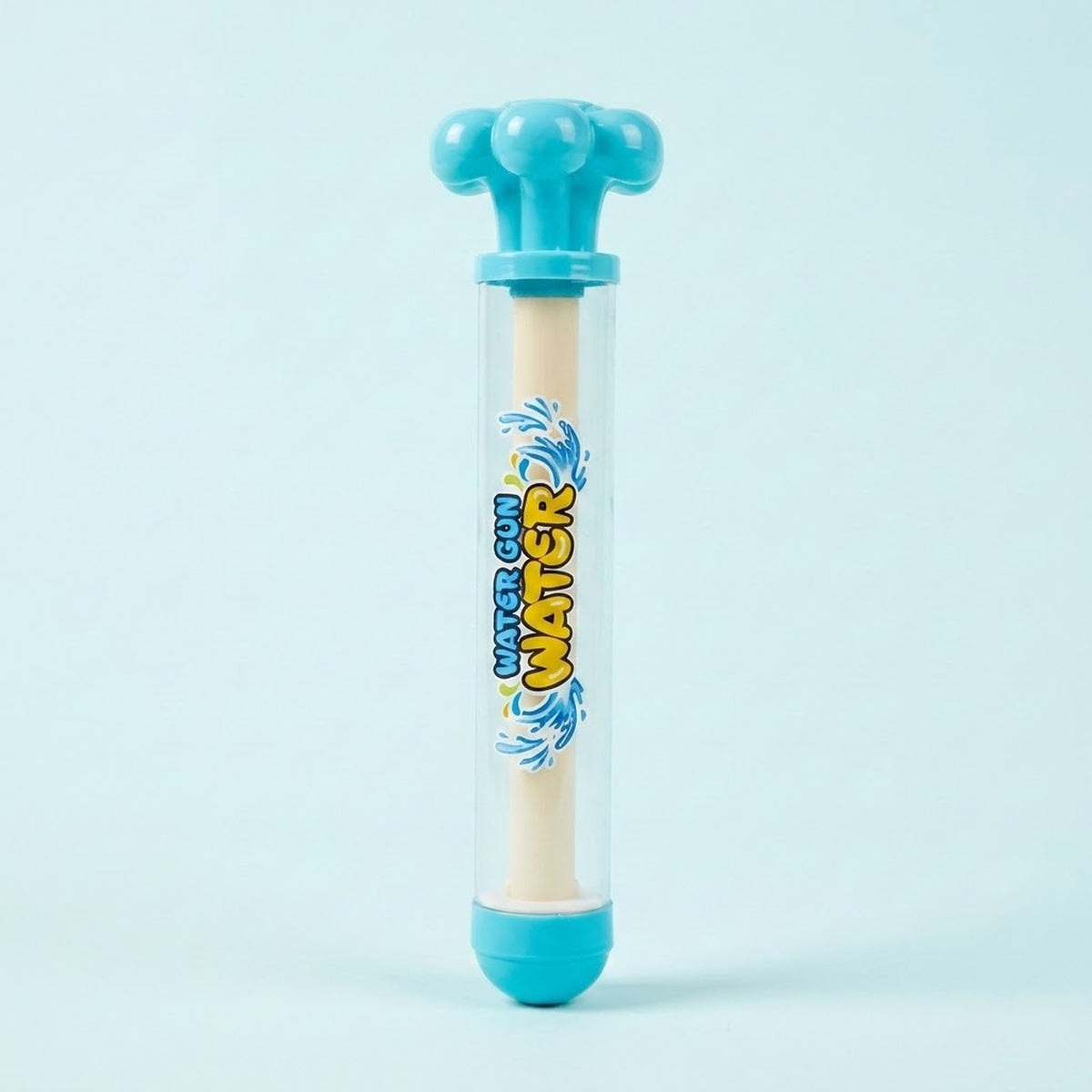A clear plastic water gun toy with a light blue trigger top and base, featuring a beige grip in the center with 'Water Gun' printed in yellow and blue.