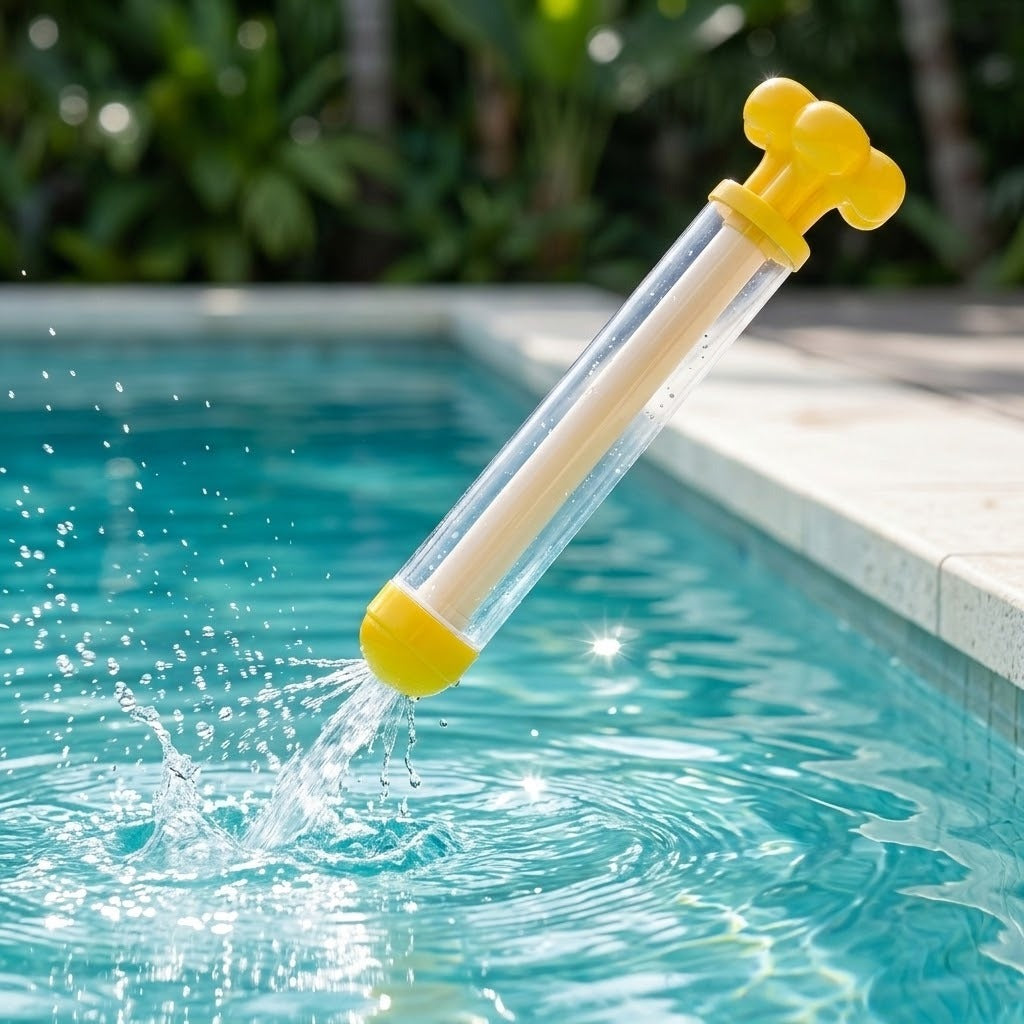 A yellow water gun with a clear barrel angles downward over a swimming pool, with water splashing beneath its nozzle.