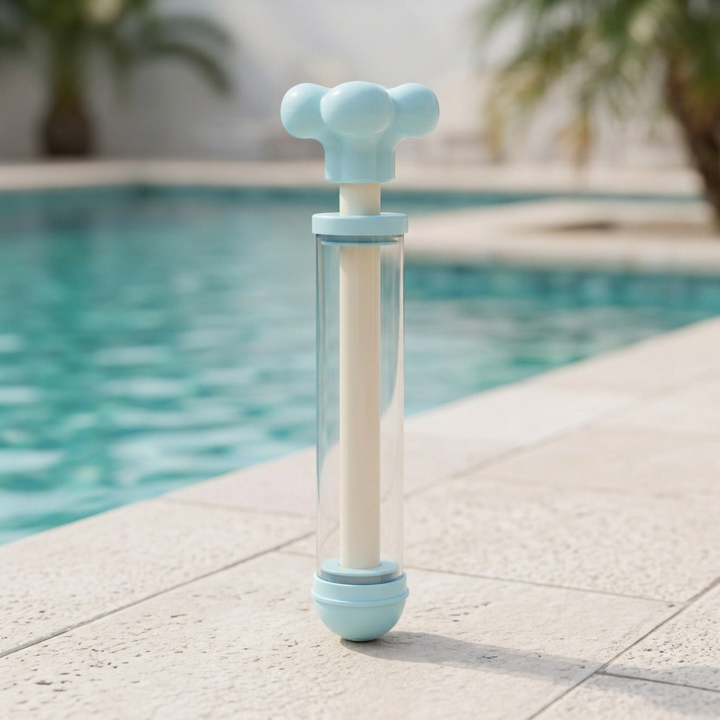 Light blue water gun with a clear barrel and cream inner shaft stands upright on paving beside a swimming pool.
