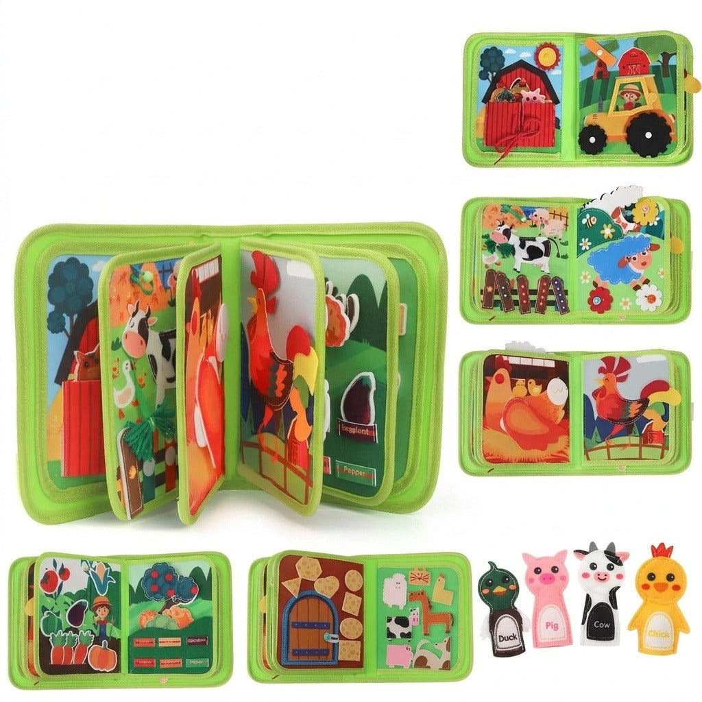 Green fabric busy book shown in multiple open views with farm activity pages and animal puppets against a white background.