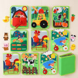 Green fabric busy book with farm activity pages, loose animal puppets, and a carrot piece arranged on a cream textured surface.