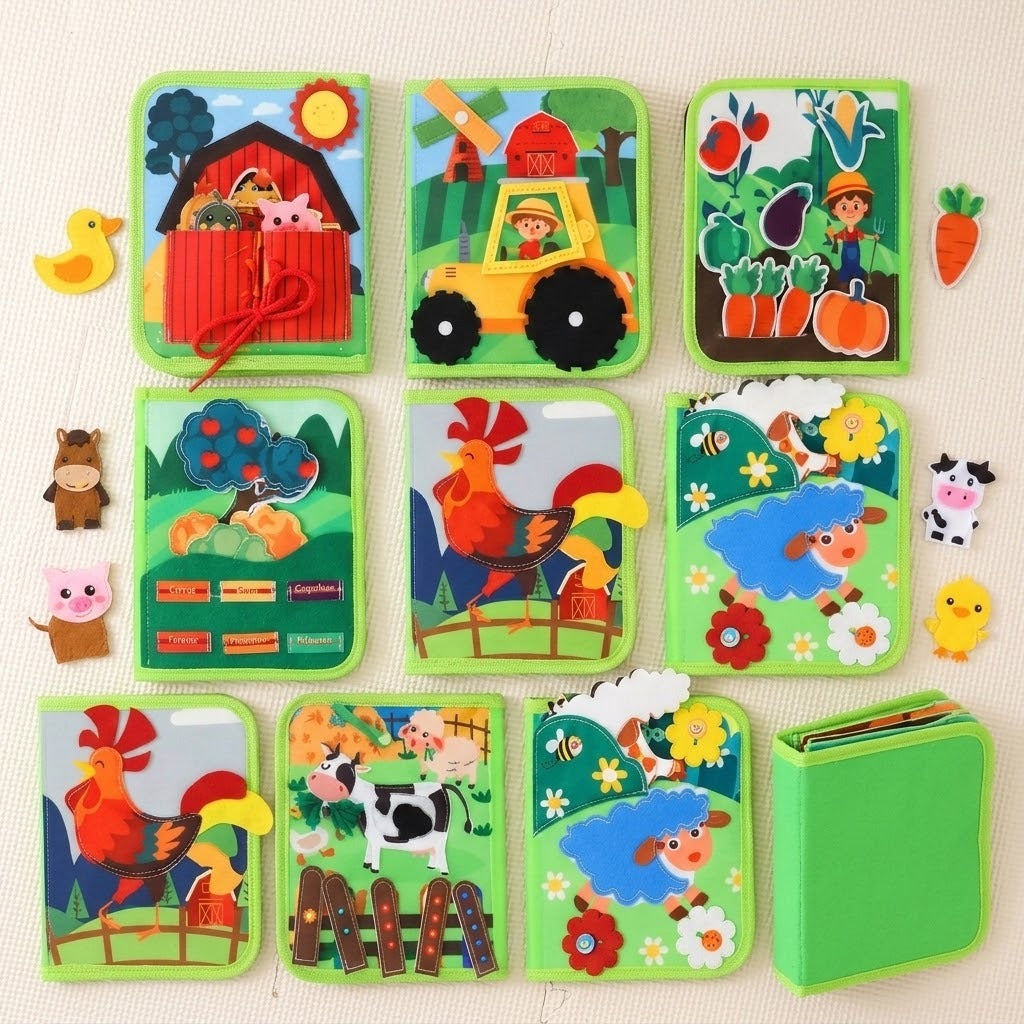 Green fabric busy book with farm activity pages, loose animal puppets, and a carrot piece arranged on a cream textured surface.