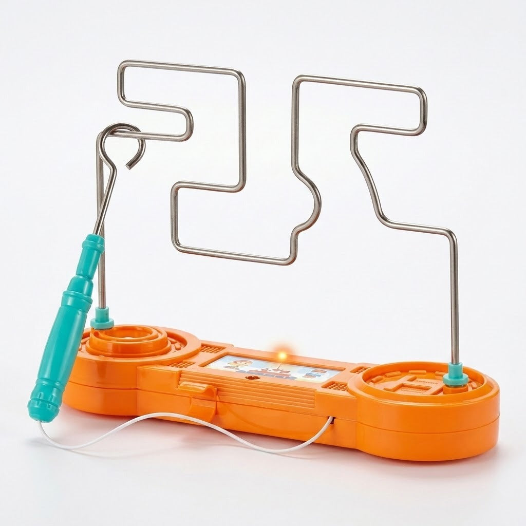 Orange buzz wire game with a turquoise wand loop around the silver-colored track and a glowing light against a white background.