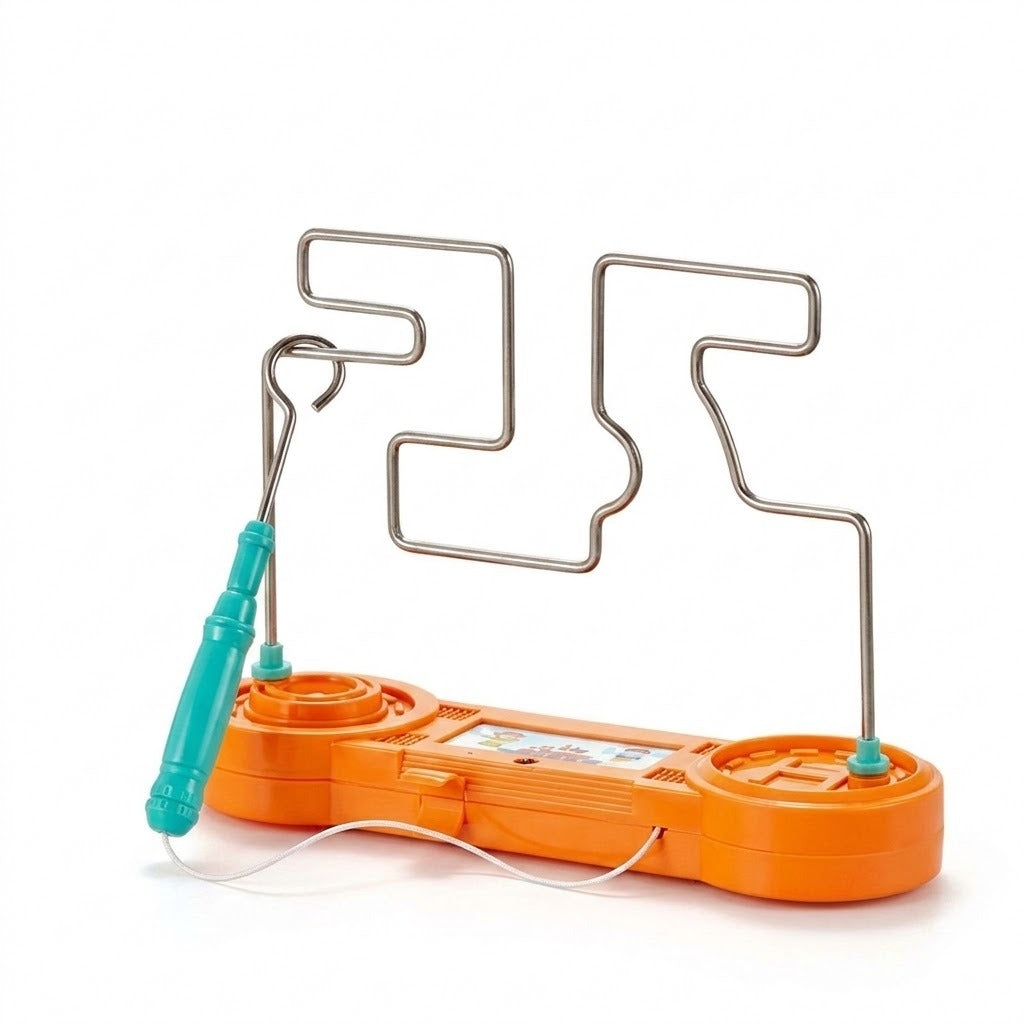 Orange buzz wire game with an upright silver-colored maze, turquoise loop wand, and white connecting cord against a white background.