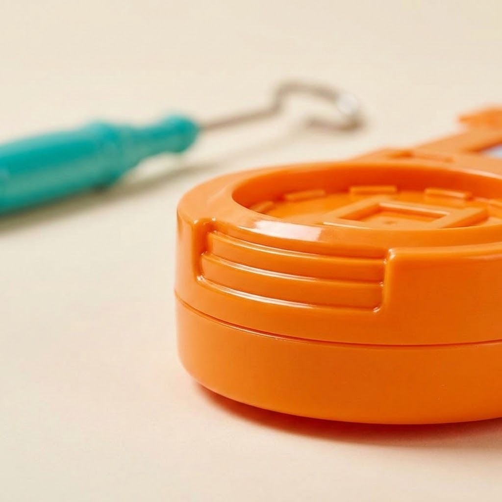 Buzz wire game close-up shows an orange plastic base on a cream surface, with a blurred turquoise loop wand behind it.