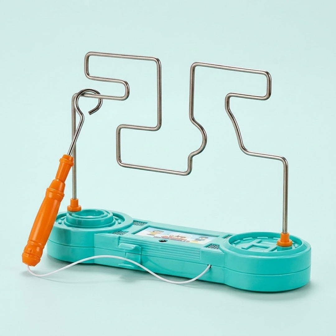 Turquoise plastic buzz wire game has a silver wire course, orange loop wand, and white cord against a pale turquoise background.