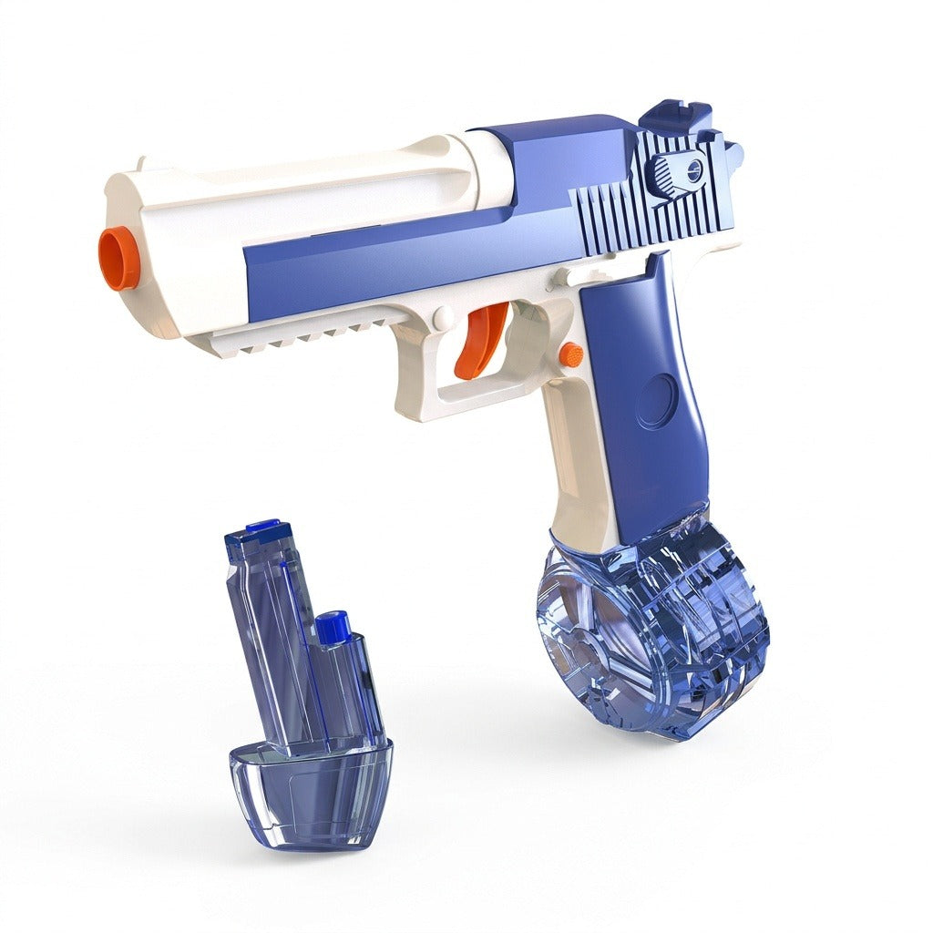 Blue-and-white plastic water gun with an attached round reservoir and a smaller detached reservoir on a white background.