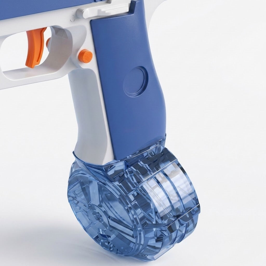 Close-up of a blue-and-white water gun grip with orange trigger and transparent blue drum reservoir on a white background.