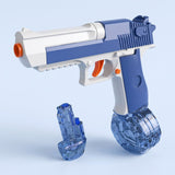 Blue and white toy water gun with orange accents, an attached transparent reservoir, and a separate reservoir against a pale blue background.