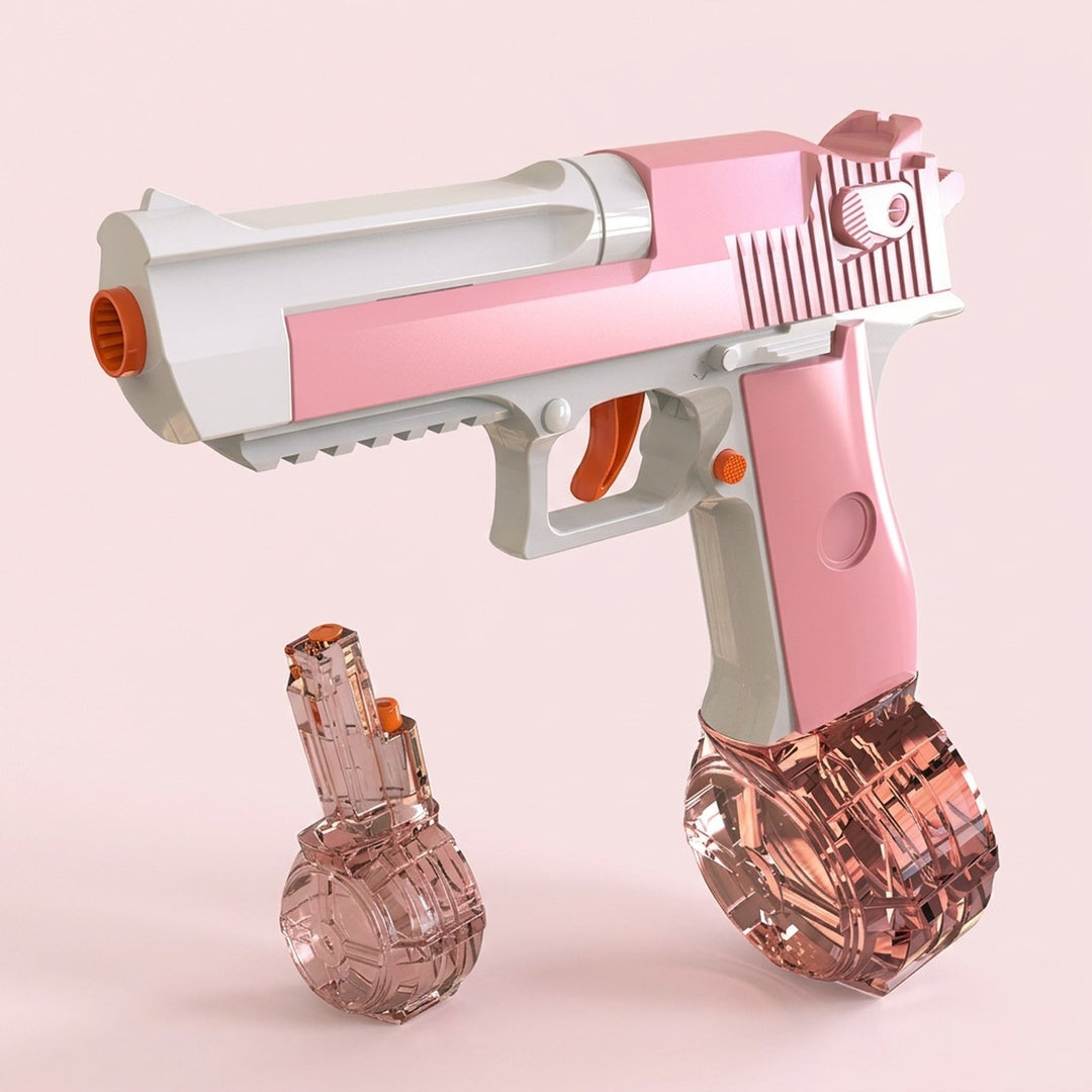 Pink and white toy water gun with orange accents, an attached transparent reservoir, and a separate reservoir against a pale pink background.