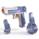 Blue-and-white plastic water gun with orange trigger stands between two detached transparent blue reservoirs of different sizes on white.