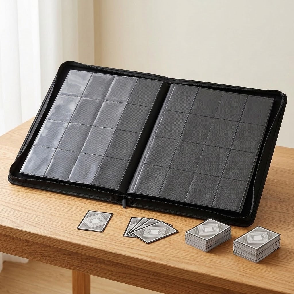 Open black trading-card binder with empty clear pockets rests upright on a wooden desk beside loose cards and two card stacks.