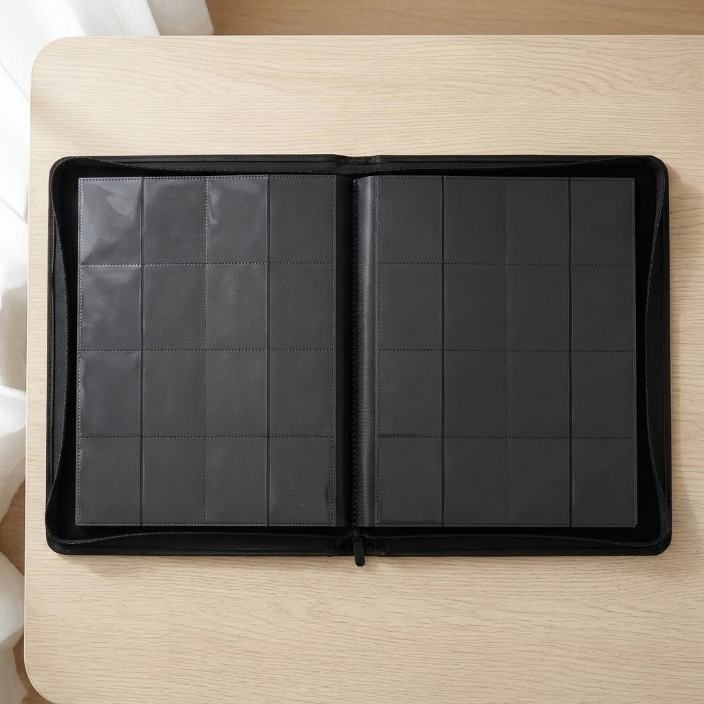 Open black trading-card binder lies flat on a pale wooden desk, showing two empty pocket pages and a perimeter zipper.