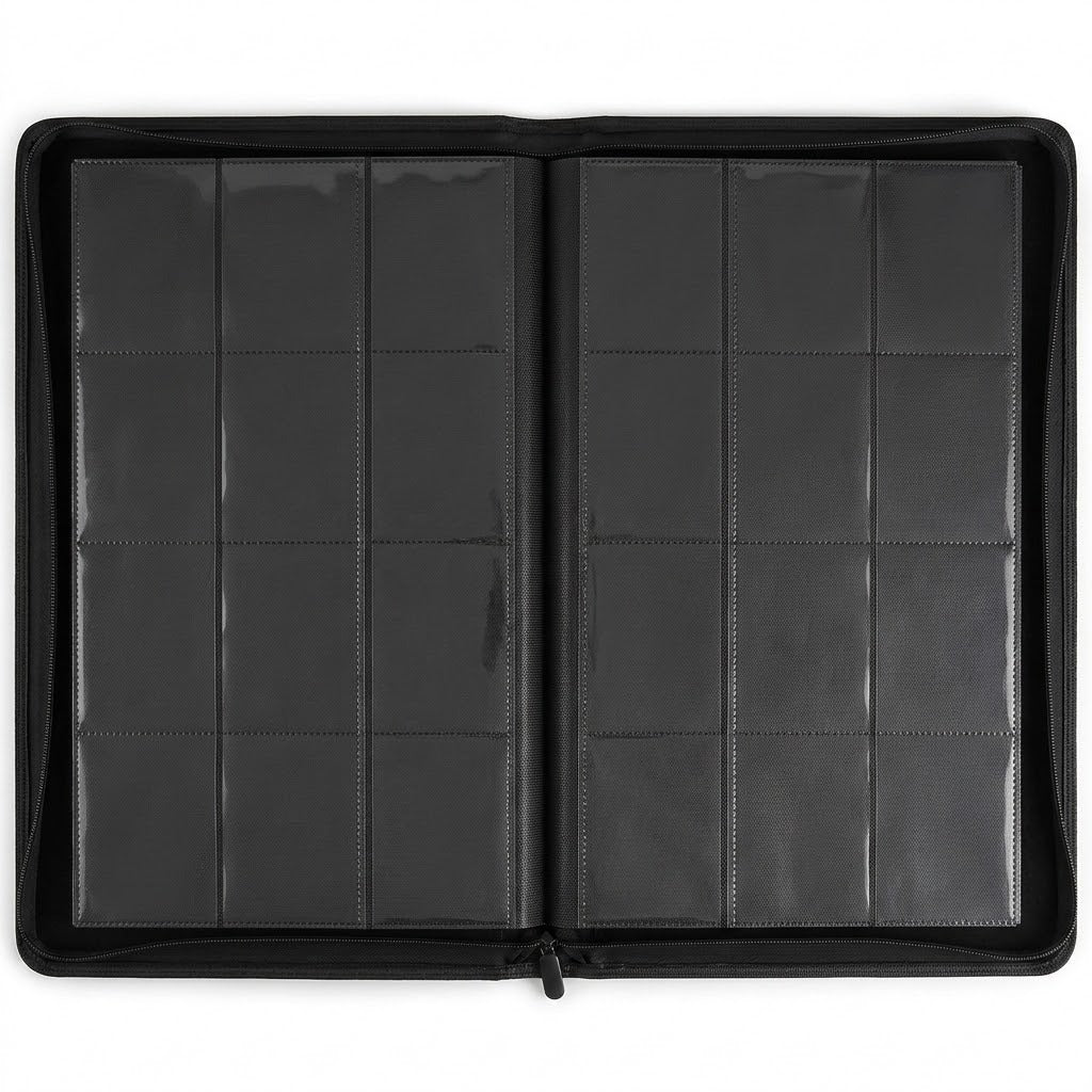 Open black trading-card binder displays empty clear pocket pages against a white background, with the zipper pull at the bottom.