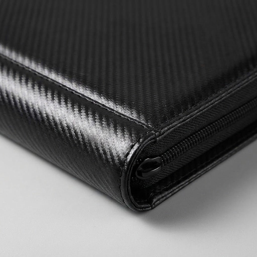 Close-up of a black trading card binder shows its textured cover, stitched corner and zipper against a light background.