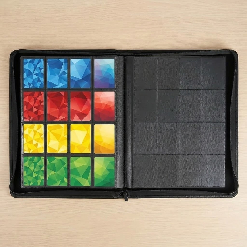 An open black trading card binder on a wooden desk displays sixteen colorful cards on the left and empty pockets on the right.