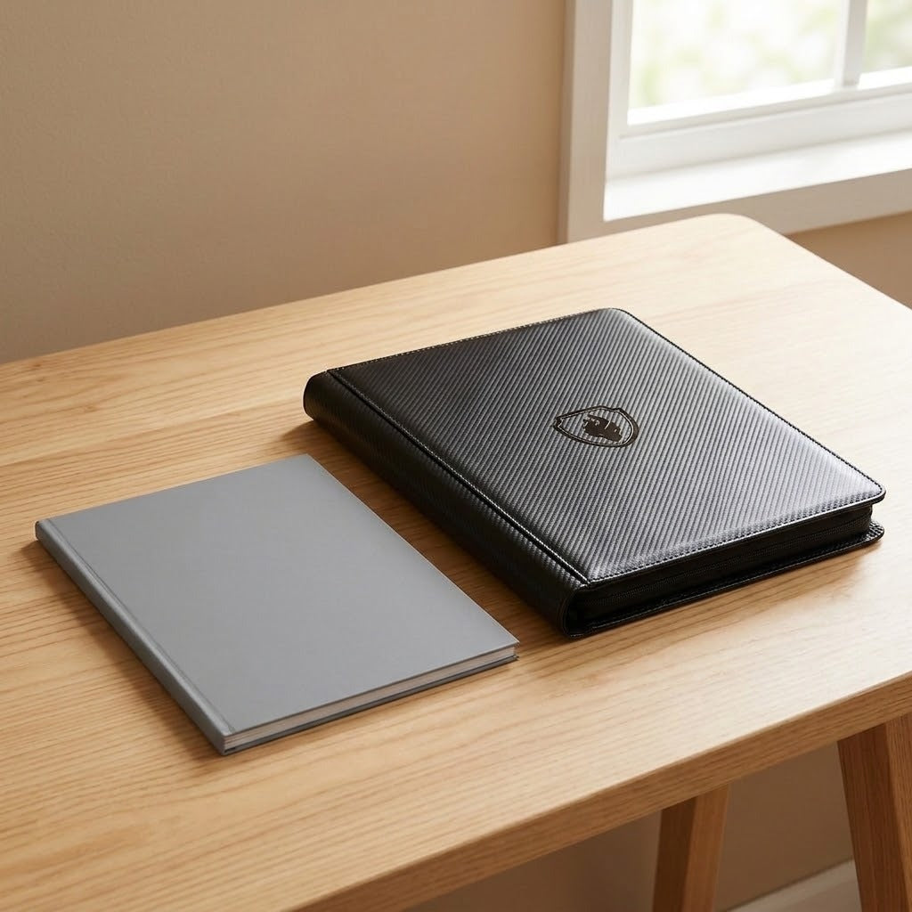 A closed black trading card binder with a textured cover rests beside a gray notebook on a wooden table near a window.