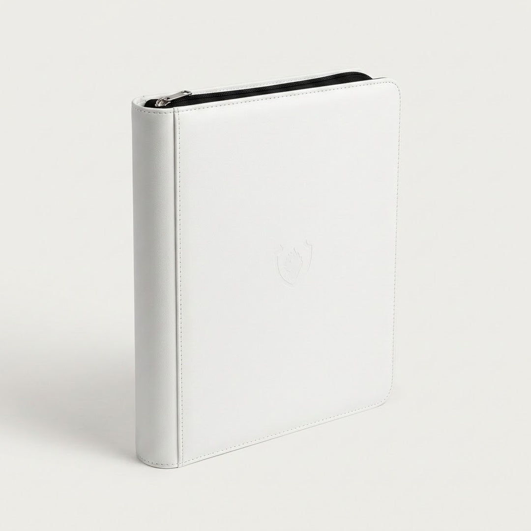 Upright white zippered trading card binder with a smooth cover and black zipper trim on a plain white background.
