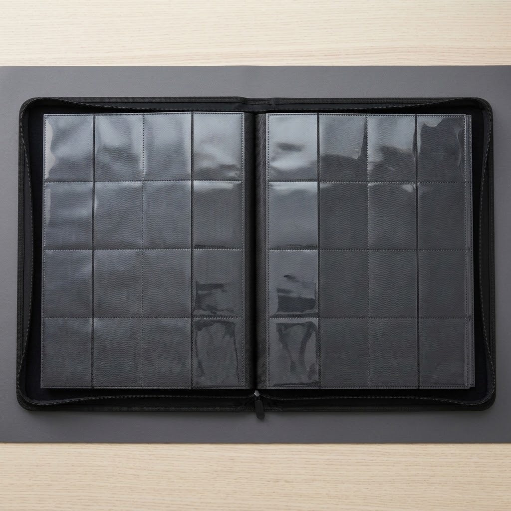 Open black trading-card binder with empty clear pocket pages lies on a dark gray mat over a pale wooden desk.