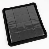 Angled black trading-card binder displays one empty clear pocket page, surrounded by its unzipped cover on a white background.