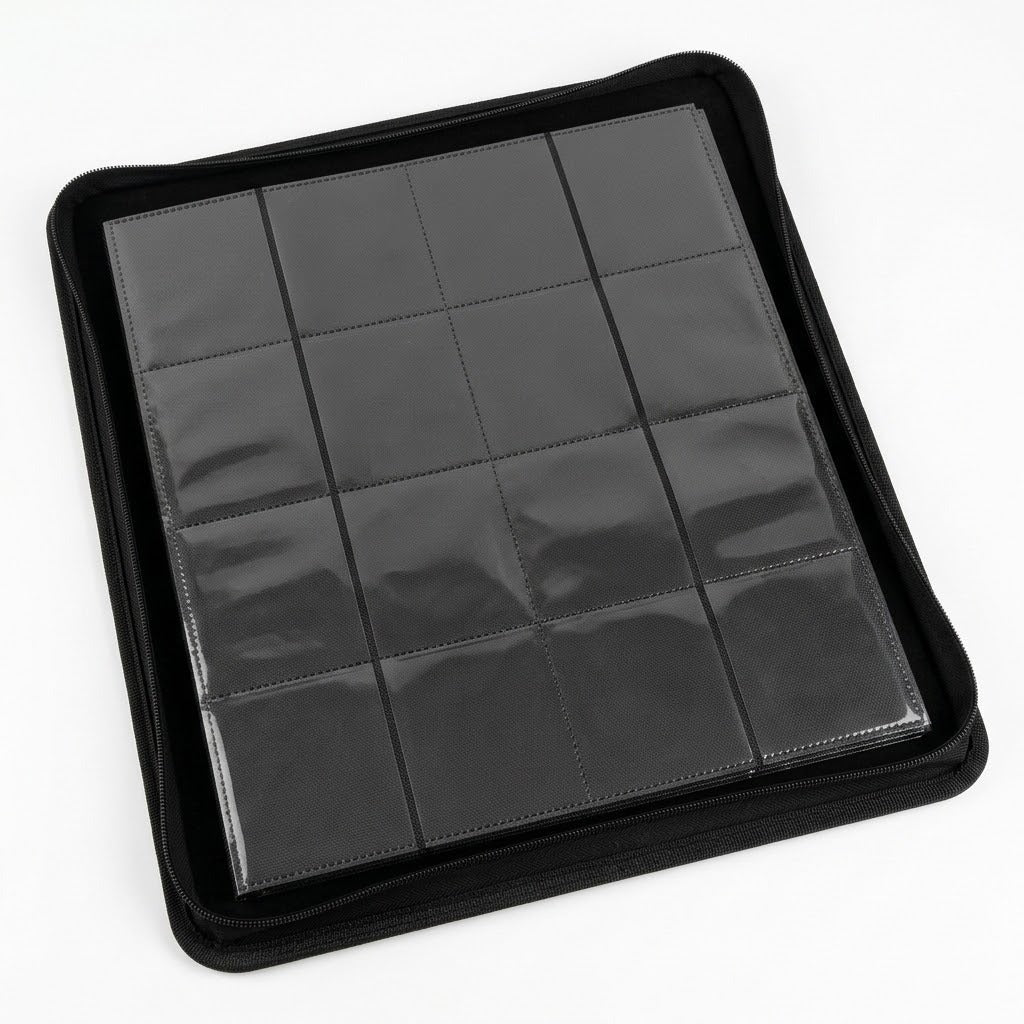 Angled black trading-card binder displays one empty clear pocket page, surrounded by its unzipped cover on a white background.