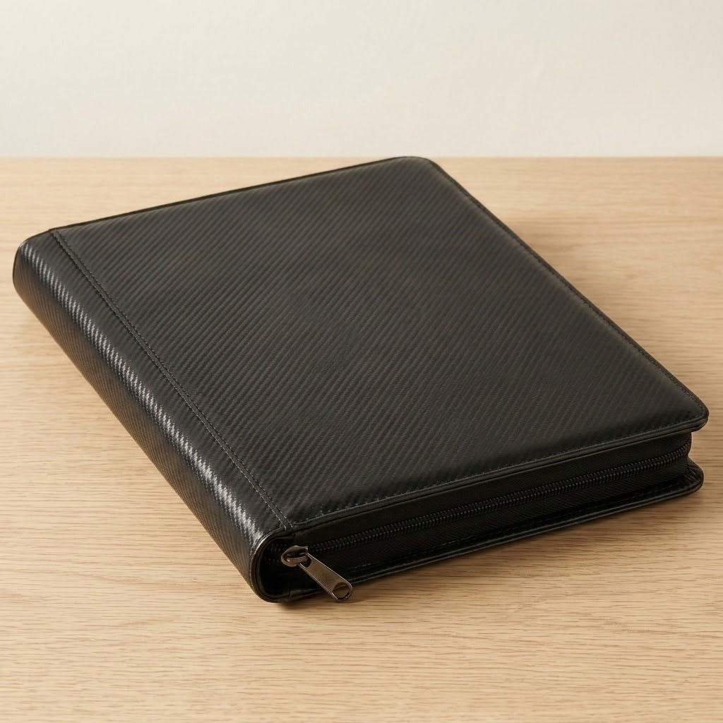 Closed black trading-card binder rests diagonally on a pale wooden desk, showing its textured cover, stitched spine and zipper pull.