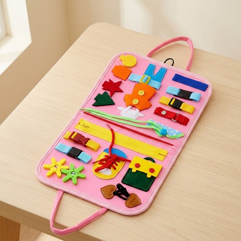 Pink felt busy board opened flat on a light wooden table, showing colorful buckles, zippers, buttons and a red shoelace.